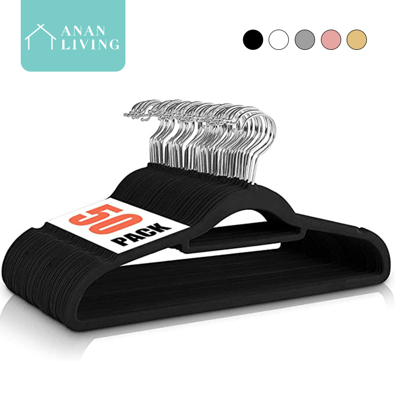 【SG Seller】Anan 10/50pcs Clothes Hanger Velvet Hanger Non-Slip Laundry Wardrobe Organizer White/Pink/Black